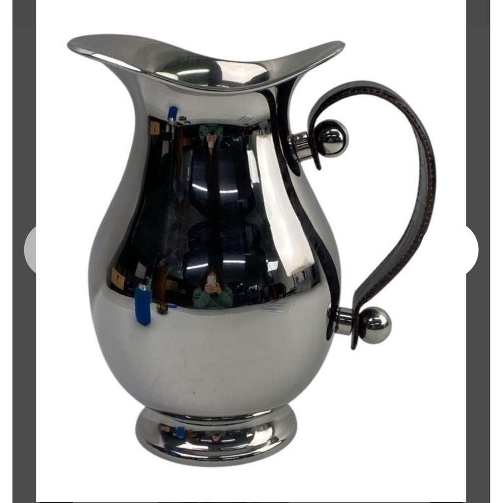 Polished Stainless Steel Pitcher Brown Faux Crocodile Leather Wrapped Handle
